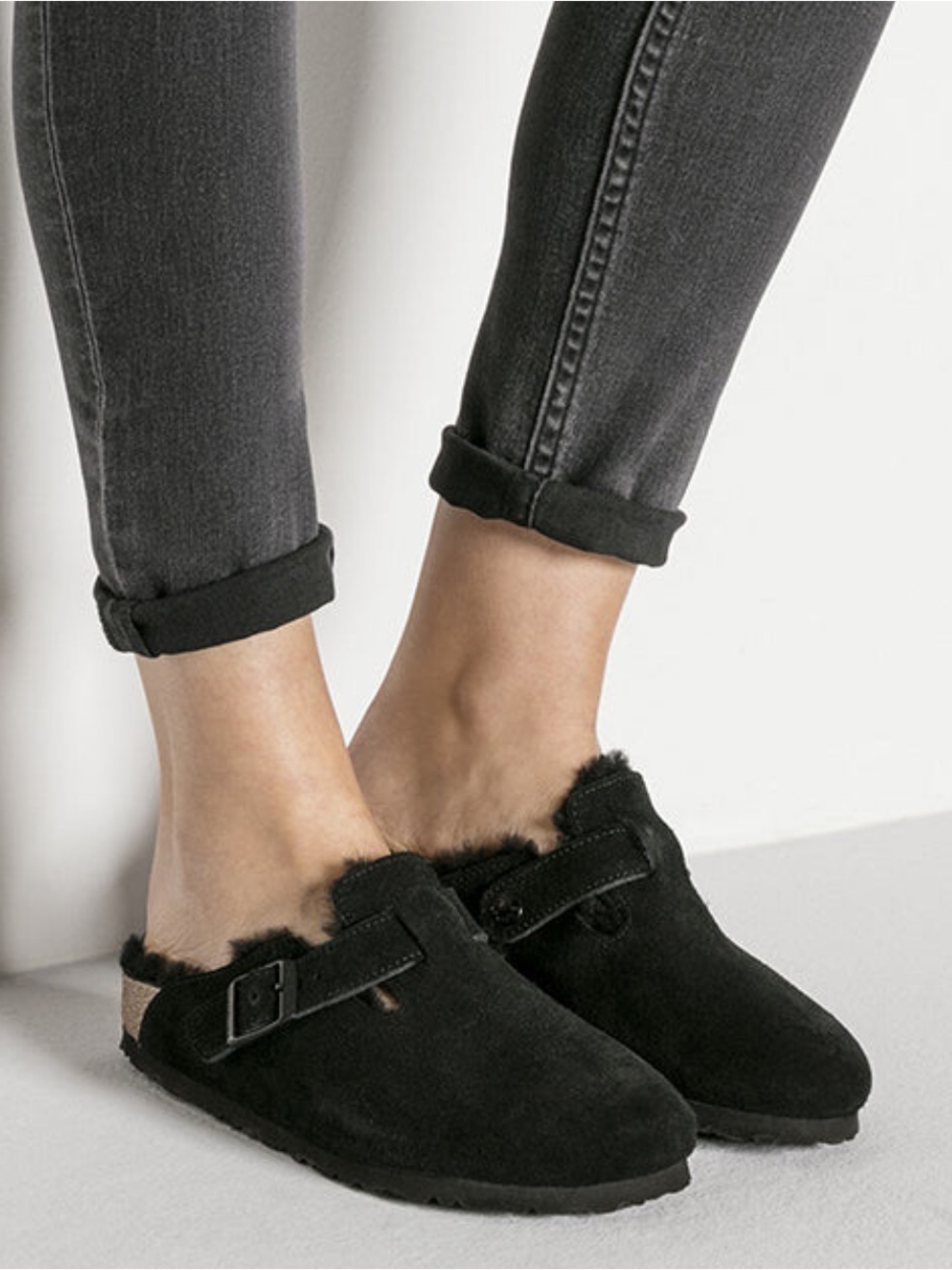 Birkenstock Black Shearling Boston Mule with black Buckle size 37 US 6-6.5 new